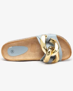 Klapki Płaskie^Royalfashion Niebieskie klapki damskie z ozdobą Sofig Ecru