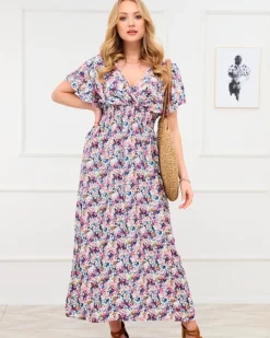 Sukienki Letnie|Sukienki Długie^Royalfashion Niebiesko- różowa damska sukienka maxi w kwiaty różowy