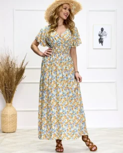 Sukienki Letnie|Sukienki Długie^Royalfashion Niebiesko-żółta damska kwiecista sukienka midi Ecru
