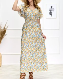 Sukienki Letnie|Sukienki Długie^Royalfashion Niebiesko-żółta damska kwiecista sukienka midi Ecru