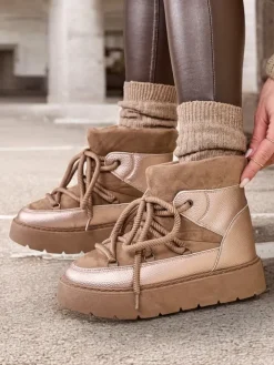 Śniegowce|Botki Z Delikatnym Ociepleniem^Royalfashion Śniegowce damskie sznurowane Iniuc jasny brązowy