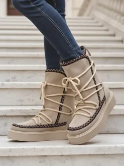 Śniegowce|Botki Z Delikatnym Ociepleniem^Royalfashion Śniegowce damskie sznurowane Siozi beżowy