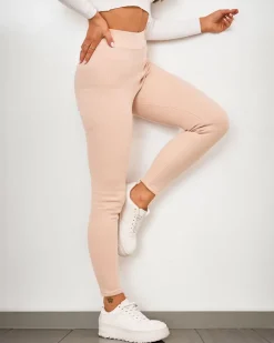 Spodnie Materiałowe|Legginsy / Tregginsy^Royalfashion Ocieplane legginsy damskie prążkowane beżowy