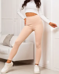 Spodnie Materiałowe|Legginsy / Tregginsy^Royalfashion Ocieplane legginsy damskie prążkowane beżowy