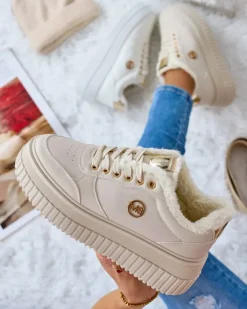 Ocieplane|Sneakersy^Royalfashion Ocieplane sneakersy damskie z futerkiem Sofi beżowy