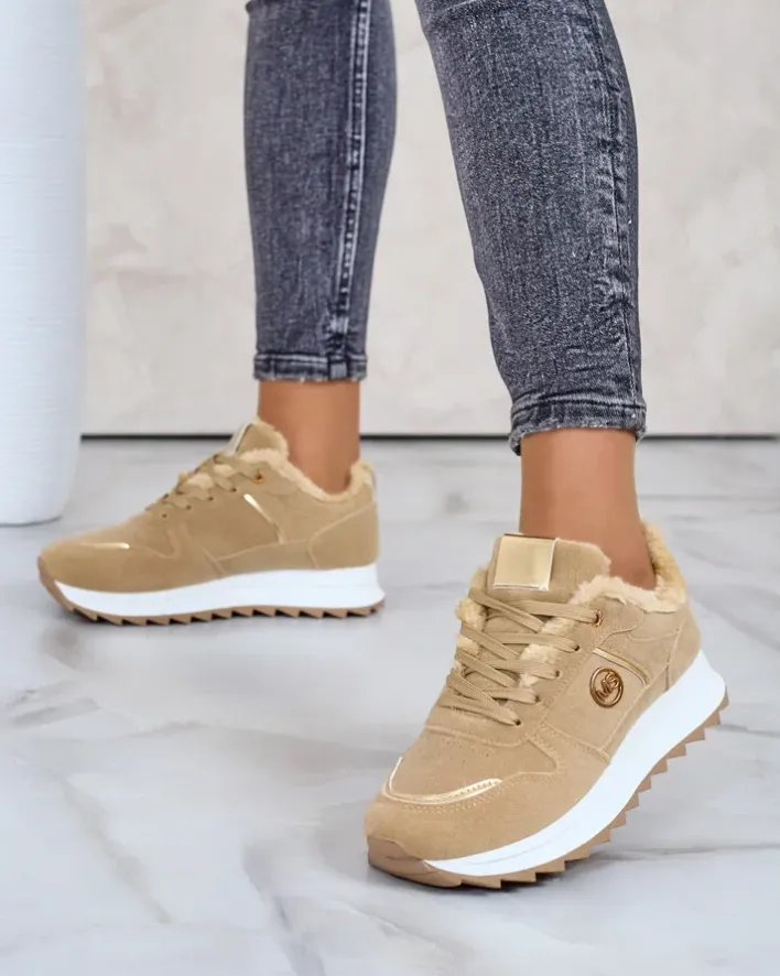 Ocieplane|Sneakersy^Royalfashion Ocieplane sneakersy damskie z futerkiem Boris jasny brązowy