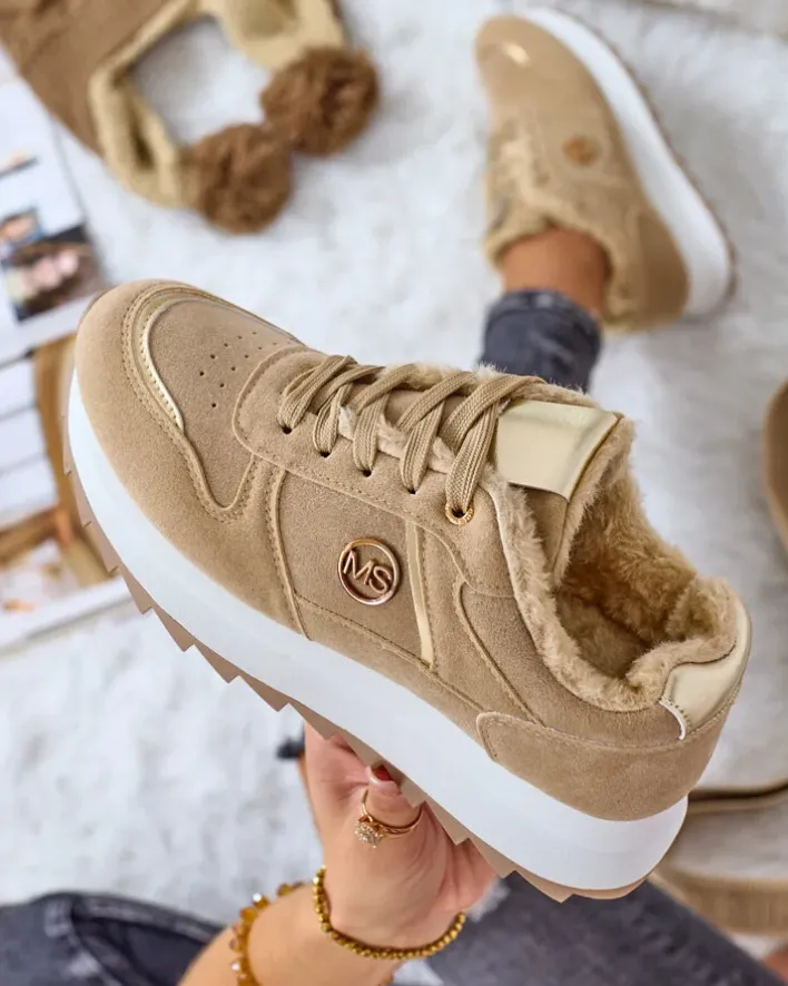 Ocieplane|Sneakersy^Royalfashion Ocieplane sneakersy damskie z futerkiem Boris jasny brązowy