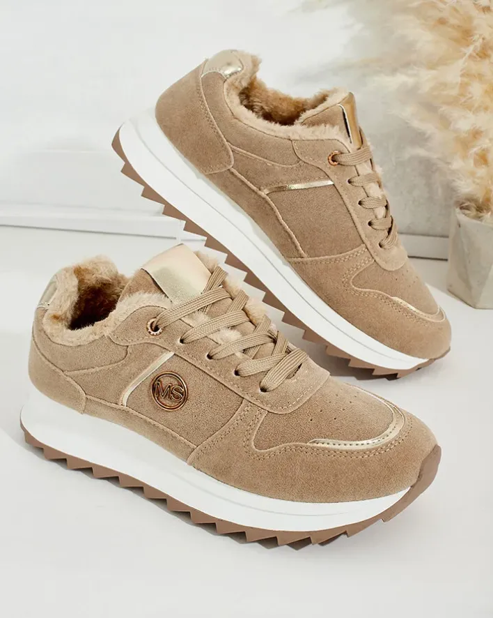 Ocieplane|Sneakersy^Royalfashion Ocieplane sneakersy damskie z futerkiem Boris jasny brązowy