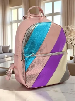 Plecaki^Royalfashion Plecak damski z eko skóry w paski Metallic Stripes różowy