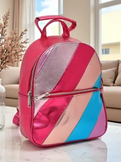 Plecaki^Royalfashion Plecak damski z eko skóry w paski Metallic Stripes Fuksjowy
