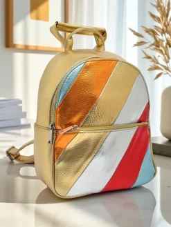 Plecaki^Royalfashion Plecak damski z eko skóry w paski Metallic Stripes złoty