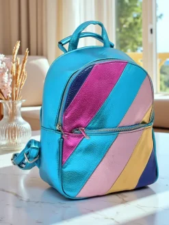 Plecaki^Royalfashion Plecak damski z eko skóry w paski Metallic Stripes turkusowy