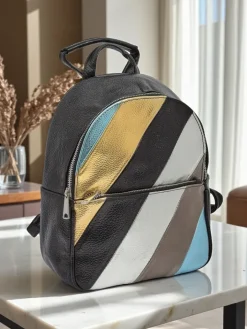 Plecaki^Royalfashion Plecak damski z eko skóry w paski Metallic Stripes czarny