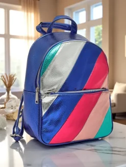 Plecaki^Royalfashion Plecak damski z eko skóry w paski Metallic Stripes niebieski