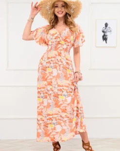 Sukienki Letnie|Sukienki Długie^Royalfashion Pomarańczowa damska długa sukienka z modnym wzorem pomarańczowy