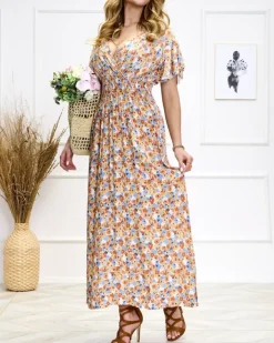 Sukienki Letnie|Sukienki Długie^Royalfashion Pomarańczowo- niebieska damska kwiecista sukienka midi pomarańczowy