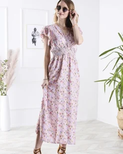 Sukienki Letnie|Sukienki Długie^Royalfashion Różowa damska sukienka midi w kwiaty różowy
