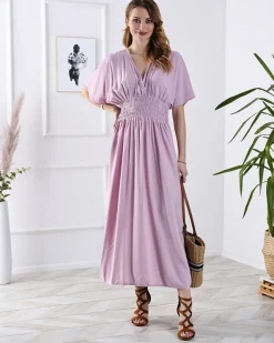 Sukienki Letnie|Sukienki Długie^Royalfashion Różowa damska długa sukienka z kopertowym dekoltem różowy