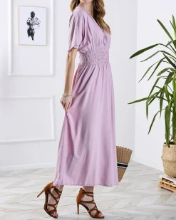 Sukienki Letnie|Sukienki Długie^Royalfashion Różowa damska długa sukienka z kopertowym dekoltem różowy