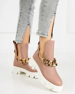 Botki Bez Ocieplenia|Botki Na Płaskim Obcasie^Royalfashion Różowe damskie botki z łańcuszkiem Tenkay różowy