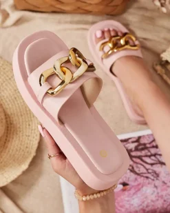 Klapki Płaskie^Royalfashion Różowe damskie klapki ze złotym łańcuszkiem Reteris różowy