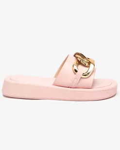 Klapki Płaskie^Royalfashion Różowe damskie klapki ze złotym łańcuszkiem Reteris różowy
