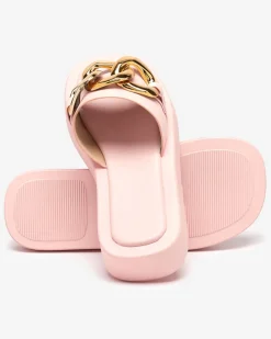 Klapki Płaskie^Royalfashion Różowe damskie klapki ze złotym łańcuszkiem Reteris różowy