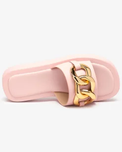 Klapki Płaskie^Royalfashion Różowe damskie klapki ze złotym łańcuszkiem Reteris różowy