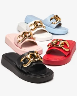 Klapki Płaskie^Royalfashion Różowe damskie klapki ze złotym łańcuszkiem Reteris różowy