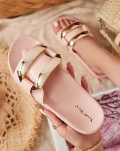 Klapki Płaskie^Royalfashion Różowe damskie klapki ze złotą ozdobą Serina różowy