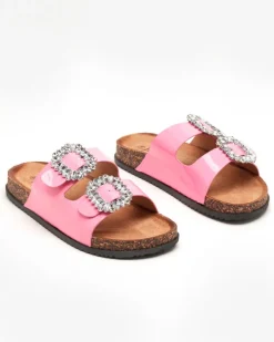 Klapki Płaskie^Royalfashion Różowe damskie klapki ze zdobionymi klamerkami Olimika różowy