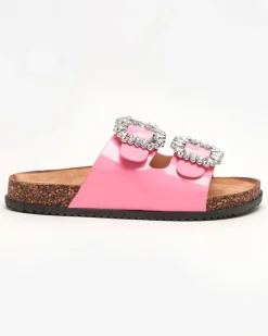 Klapki Płaskie^Royalfashion Różowe damskie klapki ze zdobionymi klamerkami Olimika różowy