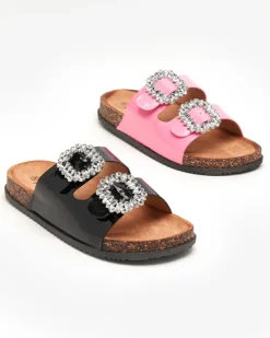 Klapki Płaskie^Royalfashion Różowe damskie klapki ze zdobionymi klamerkami Olimika różowy