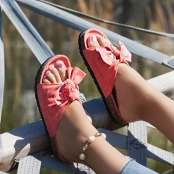 Klapki Płaskie^Royalfashion Różowe klapki z kokardką Summer Blow różowy