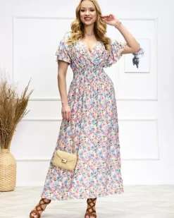 Sukienki Letnie|Sukienki Długie^Royalfashion Różowo-zielona damska kwiecista sukienka midi różowy