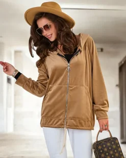 Bluzy^Royalfashion Rozpinana bluza z kapturem damska Camel