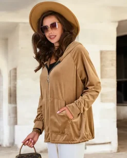 Bluzy^Royalfashion Rozpinana bluza z kapturem damska Camel