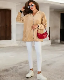 Bluzy^Royalfashion Rozpinana bluza z kapturem damska beżowy