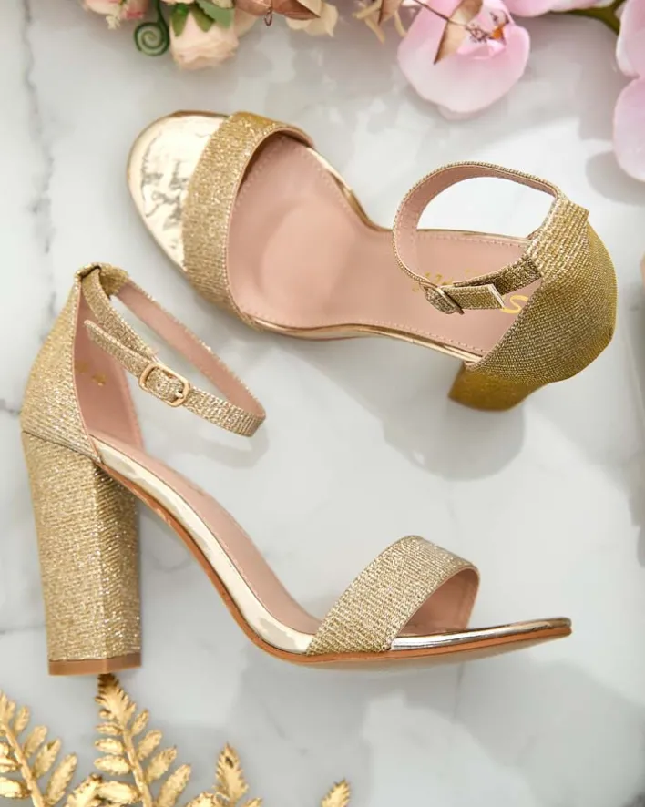 Buty Na Wielkie Wyjście|Sandały Na Słupku^Royalfashion Sandałki damskie z brokatem na słupku Etotta złoty