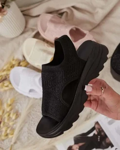 Sandały Płaskie^Royalfashion Sandałki damskie z cholewką i cyrkoniami Alebin czarny