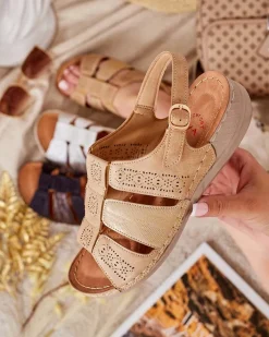 Sandały Płaskie^Royalfashion Sandałki damskie z cholewką Limmin brązowy