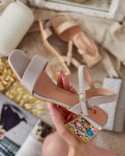 Buty Na Wielkie Wyjście|Sandały Na Słupku^Royalfashion Sandały damskie na słupku z kryształkami Ohvare gołębi szary