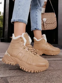 Śniegowce|Botki Z Grubym Ociepleniem^Royalfashion Sneakersy damskie z futerkiem Megigna jasny brązowy