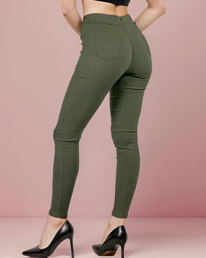 Spodnie Materiałowe|Legginsy / Tregginsy^Royalfashion Spodnie typu tregginsy damskie z wysokim stanem zielony