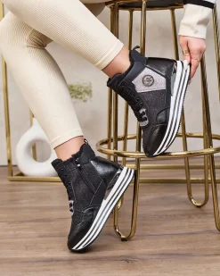 Ocieplane|Sneakersy^Royalfashion Sportowe czarne sneakersy damskie z brokatem Kawellas czarny