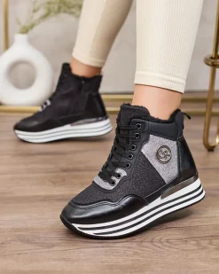 Ocieplane|Sneakersy^Royalfashion Sportowe czarne sneakersy damskie z brokatem Kawellas czarny