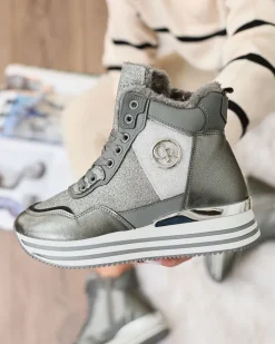 Ocieplane|Sneakersy^Royalfashion Sportowe szare sneakersy damskie z brokatem Kawellas gołębi szary