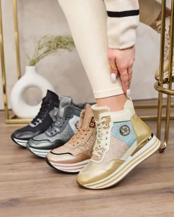 Ocieplane|Sneakersy^Royalfashion Sportowe złote sneakersy damskie z brokatem Kawellas złoty