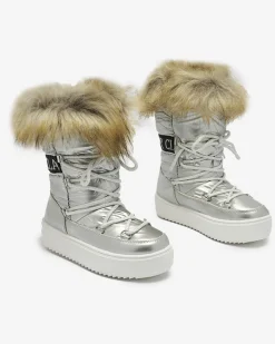 Dziewczęce^Royalfashion Srebrne dziecięce wsuwane buty a'la śniegowce z futerkiem Asika srebrny