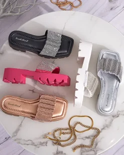 Klapki Na Obcasie^Royalfashion Srebrne klapki damskie z cyrkoniami Emkoy srebrny